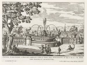 Fontein in de tuinen van de Villa Aldobrandini te Frascati Belvedere-fontenen i Frascati, bygget over gulvet til forgangen på denne siden (...) (tittel på objekt) Fontenene til Frascati-villaene (serietittel) Fonteinen van Frascati (serietittel) av Giovanni Battista Falda