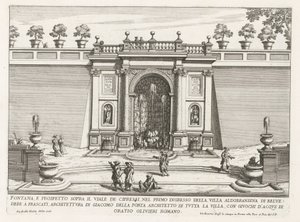 Fontein in de tuinen van de Villa Aldobrandini te Frascati Fontana e prospetto sopra il viale de cipressi (...) (title on object) Fontane delle ville di Frascati (series title) Fonteinen van Frascati (series title)   1328627   no       norwegian Successful av Giovanni Battista Falda