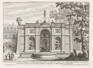 Fontein in de tuinen van de Villa Aldobrandini te Frascati Fontene i andre inngang doblet fra sidene (...) (tittel på objekt) Fontenene til Frascati-villaene (serietittel) Fonteinen van Frascati (serietittel) av Giovanni Battista Falda