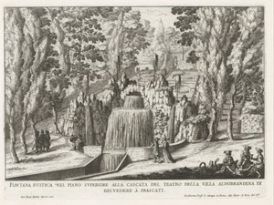 Fontein in de tuinen van de Villa Aldobrandini te Frascati Rustikk fontene i øverste etasje ved teatrets foss (...) (tittel på objekt) Fontenene til Frascati-villaene (serietittel) Fonteinen van Frascati (serietittel) av Giovanni Battista Falda
