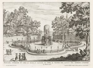 Fontein in de tuinen av Villa Torlonia te Frascati Øvre fontene på toppen av trappen og fossen over teateret (...) (tittel på objekt) Fontenene til Frascati-villaene (serietittel) Fonteinen van Frascati (serietittel) av Giovanni Battista Falda
