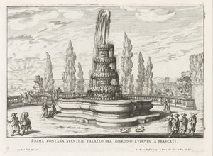 Fontein in de tuinen av Villa Torlonia te Frascati Første fontene foran Palazzo del Giardino Ludovisi i Frascati (tittel på objekt) Fontenene til Frascati-villaene (serietittel) Fonteinen van Frascati (serietittel) av Giovanni Battista Falda