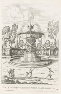 Fontein møtte dolfijnen i de tuinen av Villa Doria Pamphilj te Roma Fontenen foran prinsens port til byen Pamfylia (tittel på objekt) Le fontane ne palazzi e ne giardini di Roma (serietittel) Fonteinen in de paleizen en tuinen van Rome (serietittel av Giovanni Battista Falda
