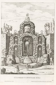 Fontene med duer i hagen til Villa Doria Pamphilj i Roma Columbae Pamphyliae fons (tittel på objekt) Le fontane ne palazzi e ne giardini di Roma (serietittel) Fontener i palassene og hagene i Roma (serietittel) av Giovanni Battista Falda