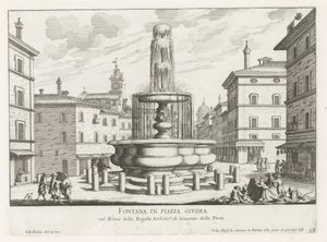 Fontein op Piazza Giudia te Roma Fountain in Piazza Giudea (tittel på objekt) Fountains of Rome (serietittel) Fonteinen van Rome (serietittel) av Giovanni Battista Falda
