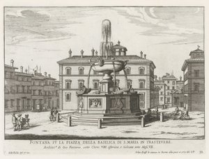 Fontein på Piazza Santa Maria i Trastevere Fontene på torget til basilikaen S. Maria in Trastevere (tittel på objekt) Fontenene i Roma (serietittel) Fonteinen van Rome (serietittel) av Giovanni Battista Falda