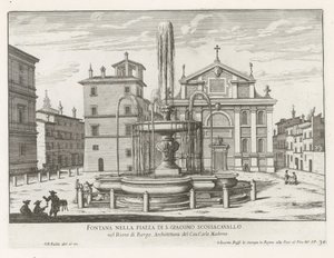 Fontein på Piazza Scossacavalli te Roma Fontene på Piazza di S. Giacomo Scossacavallo (tittel på objekt) Fontenene i Roma (serietittel) Fonteinen van Rome (serietittel) av Giovanni Battista Falda