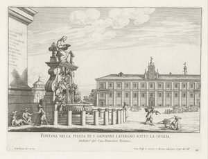 Fontein på Piazza di San Giovanni i Laterano te Roma Fontene på Piazza di S. Giovanni Laterano under spiret (tittel på objekt) Fontenene i Roma (serietittel) Fonteinen van Rome (serietittel) av Giovanni Battista Falda