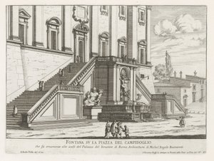 Fontene foran Palazzo Senatorio på Capitol i Roma Fontana su la Piazza del Campidoglio (tittel på objekt) Fontane di Roma (serietittel) Fountains of Rome (serietittel) av Giovanni Battista Falda