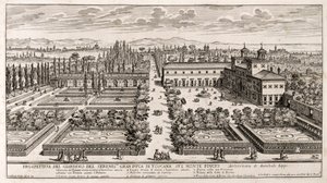 Perspektiv av hagene til Villa Medici i Roma, gravering fra Li Giardni (The Gardens) av Giovanni Battista Falda (1640 eller 1643-1678)
