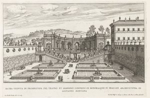 Tuinen van de Villa Mondragone te Frascati En annen perspektivvisning av teateret og den tilstøtende hagen (...) (tittel på objekt) Fontenene til Frascati-villaene (serietittel) Fonteinen van Frascati (serietittel) av Giovanni Battista Falda