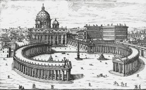 Vatikanstaten, utsikt over Piazza San Pietro med Peterskirken og Vatikanpalassene, gravering av Giovanni Battista Falda. 1665