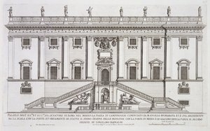 Utsikt over fasaden til Palazzo Senatorio på Piazza del Campidoglio, Roma, startet av Michelangelo Buonarroti (1475-1564) og fullført av Girolamo Rainaldi (1570-1655)