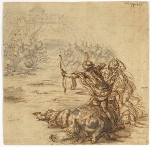 En kampscene utenfor en by med murer, 1600-tallet