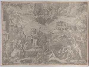 Visjonen til Esekiel, med de døde som reiser seg og iført sitt kjød, Gud Faderen fra..., 1579.