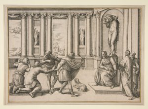 Mann som sitter under en statue av Bacchus og mottar et publikum av Giovanni Battista Franco (called Il Semolei)