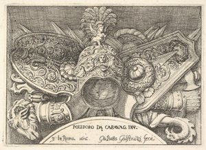 Plate 3: trofeer av romerske våpen fra dekorasjoner over vinduene i andre etasje i ..., 1656.