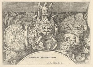 Plate 4: trofeer av romerske våpen fra dekorasjoner over vinduene i andre etasje ..., 1656-58.