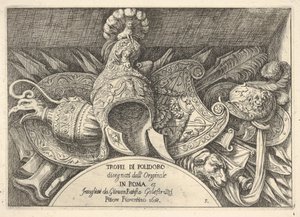 Plate 5: trofeer av romerske våpen fra dekorasjoner over vinduene i andre etasje i ..., 1658.