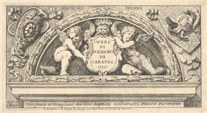 Tittelplate til serie med trykk etter Poloidoro, tittel på et skjold støttet av to putti, 1658.