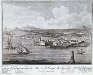 Utsikt over Livorno havn da den ble kjøpt av florentinere i 1421, gravering fra samling av beste utsikt over byen og havnen i Livorno av Giovanni Battista Guerazzi