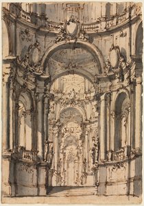 Design for et scenesett: Interiør i et palass med arkader av Giovanni Battista III Natali