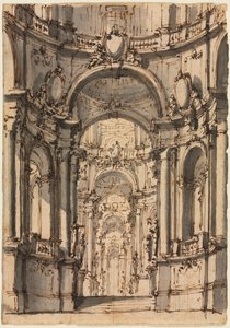 Design for et scenesett: Interiør av et palass med arkader, midten av 1700-tallet. av Giovanni Battista III Natali