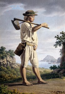 Bonde i bakgrunnen av Campi Flegrei, av Giovan Battista Lusieri (ca 1755-1821), akvarell på papir, 32x23 cm, Italia