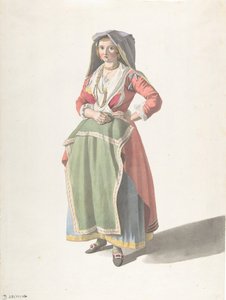 Ung kvinne som står i tradisjonell napolitansk kjole, ca. 1775-1821.