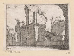 Rester av Caracalla-badene i Roma Listesso (tittel på objekt) Utsikt over Roma (serietittel) Alcune vedute et prospettive di luoghi dishabitati di Roma (serietittel) av Giovanni Battista Mercati