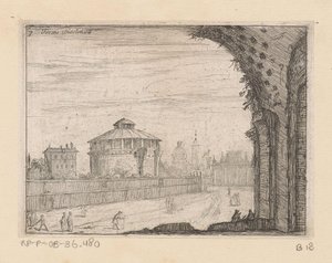 Rester av Diokletians bad i Roma Terma Diocletiane (tittel på objekt) Utsikt over Roma (serietittel) Alcune vedute et prospettive di luoghi dishabitati di Roma (serietittel) av Giovanni Battista Mercati