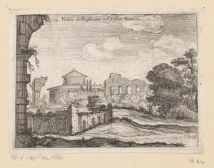 Rester av et amfiteater ved San Stefano Rotondo i Roma Veduta dall'anfiteatro a St Stefano Rotondo (tittel på objekt) Utsikt over Roma (serietittel) Alcune vedute et prospettive di luoghi dishabitati di Roma (serietittel) av Giovanni Battista Mercati