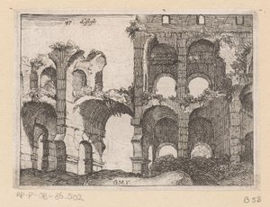 Rester av Colosseum i Roma Listesso (tittel på objekt) Utsikt over Roma (serietittel) Alcune vedute et prospettive di luoghi dishabitati di Roma (serietittel) av Giovanni Battista Mercati