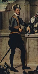 A Knight with his Jousting Helmet, 1554-1558, 1936 av Giovanni Battista Moroni