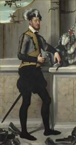 A Knight with his Jousting Helmet Ridderen med den sårede foten, grev Faustino Avogadro, ca 1554 av Giovanni Battista Moroni