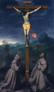 Korsfestelse med de hellige Bernardino og Antonius av Padua, av Giovanni Battista Moroni (1525 ca- 1578), olje på lerret, 226x133 cm, San Giuliano-kirken, Albino av Giovanni Battista Moroni