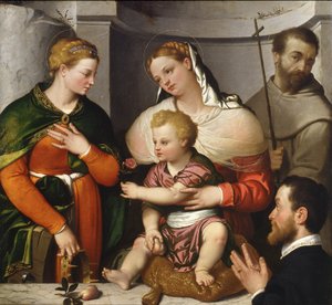 Madonna og barn med St. Catherine, St. Francis and the Donor, ca. 1550 (olje på lerret) av Giovanni Battista Moroni