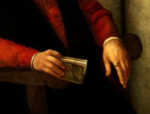 Antatt portrett av Francois Rabelais (1494-1553), fransk forfatter og lege. Detalj av boken han holder i hånden og av ridderen han bærer på fingeren. Maleri av Giovanni Battista Moroni (1525-1578) av Giovanni Battista Moroni