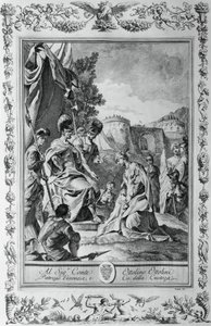 Armida foran Goffredo, gravering, av Giovanni Battista Piazzetta (1683-1754) for Canto III av Jerusalem Levert, av Torquato Tasso (1544-1595), utgitt av Giovanni Battista Albrizzi, Venezia, Italia av Giovanni Battista Piazzetta