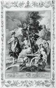 Carlo og Ubaldo i Happy Islands, gravering, av Giovanni Battista Piazzetta (1683-1754) for Canto XV of Jerusalem Delivered, av Torquato Tasso (1544-1595), Giovanni Battista Albrizzi-utgaven, Venezia, Italia av Giovanni Battista Piazzetta