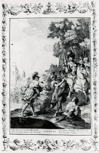Duell mellom Ottone og Tancredi i nærvær av Clorinda, canto VI, Jerusalem levert av Giovanni Battista Piazzetta
