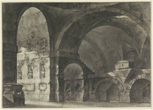 Interiør i en stor antikk bygning med tønnehvelv og en kuppelunderbygning av Giovanni Battista Piranesi (attributed to)