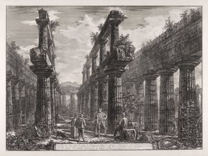 A., B. Utsikt over restene av de to søylerekkene i Neptuns tempel, som på sidene dannet søylegangene i cellaen og bar bygningens tak ... av Giovanni Battista Piranesi