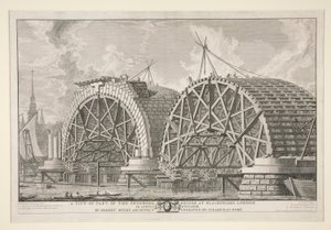 En utsikt over en del av den tiltenkte broen ved Blackfriars, London, i august MDCCLXIII av Robert Mylne, arkitekt, gravert av Piranesi i Roma av Giovanni Battista Piranesi