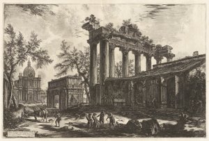 Altra Veduta degli avanzi del Pronao del Tempio del Concordia (En annen utsikt over restene av Pronaos av Temple of Concord [Saturn-tempelet med Septimius Severus-buen i venstre bakgrunn]), fra Vedute di Roma (Utsikt over Roma) av Giovanni Battista Piranesi