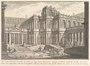 Gammelt romersk forum omgitt av portikoer, med loggiaer, hvorav noen kommuniserer med..., ca. 1750. av Giovanni Battista Piranesi