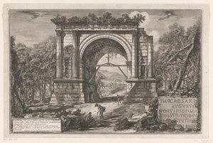 Boog van Augustus te Aosta Utsikt over buen bygget til ære for Augustus nær byen Aosta i Piemonte, tidligere Augusta Praetoria Salassorum (tittel på objekt) Enhver ansikt på døren Romeinen bygde triomfbogen og andre monumenter (serier av Giovanni Battista Piranesi