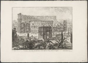 Boog van Constantijn på Colosseum i Roma Utsikt over Konstantinbuen og det flaviske amfiteateret kjent som Colosseum (tittel på objekt) Gezichten op Roma (serietittel) Utsikt over Roma designet og gravert av Giambattista Piranesi-arkitekten Ve (nez) ian av Giovanni Battista Piranesi