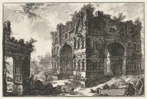 Boog van Janus en de Boog van de geldwisselaars i Roma Tempel kalt volgarm.te di Giano (tittel på objekt) Gezichten op Roma (serietittel) Utsikt over Roma designet og gravert av Giambattista Piranesi-arkitekten Ve (nez) iano (serietittel) av Giovanni Battista Piranesi