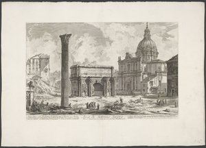 Boog van Septimius Severus på Forum Romanum Arch of Septimius Severus (...) (tittel på objekt) Gezichten op Roma (serietittel) Utsikt over Roma designet og gravert av Giambattista Piranesi-arkitekten Ve (nez) iano (serietittel) av Giovanni-Battista Piranesi